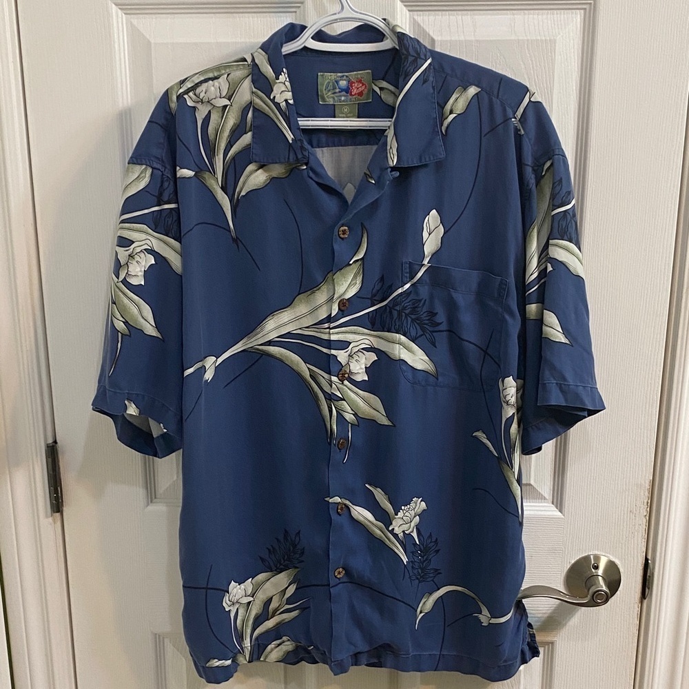 Vintage Hilo Hattie Shirt Blue Silk Floral Hawaiian Button Casual Men’s Medium